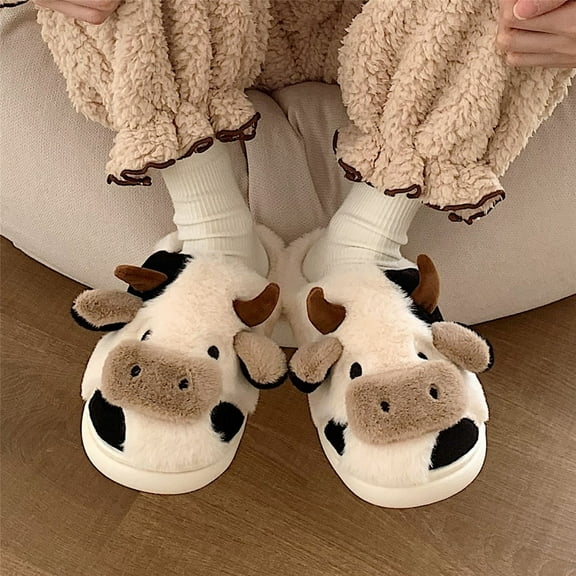 Shldybc Men's and Women's Cotton Slippers, Cow Slippers for Women Men Cute Cow Slides Indoor Cartoon Fuzzy Cow Print Slippers Kawaii Animal Slippers Outdoor