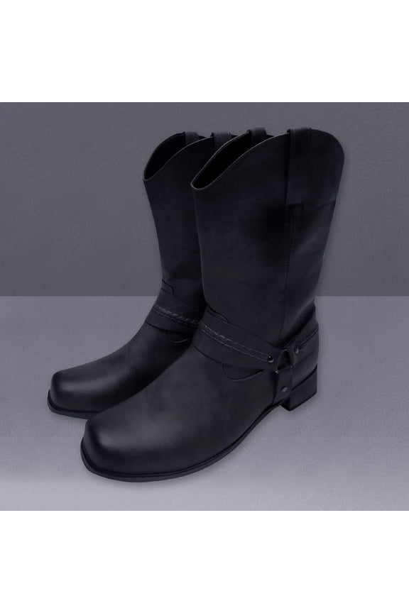 FAMTKT Mens Leather Non-slip Slip-On Round Toe Buckle Low-heeled Shoes Cowboy Boots, Men's Mid-Calf Boots Cowboy Boots, Men Knee High Boots