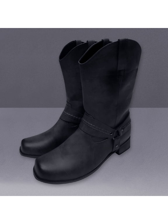 FAMTKT Mens Leather Non-slip Slip-On Round Toe Buckle Low-heeled Shoes Cowboy, Men's Mid-Calf Boots Cowboy Boots, Men Knee High Boots