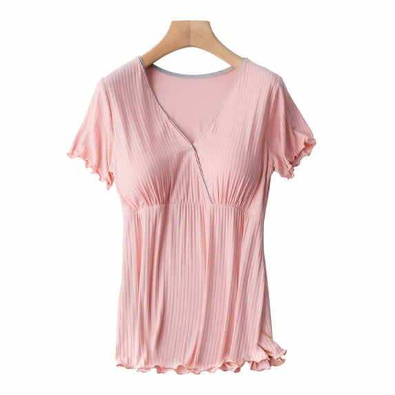 Shldybc Pregnant Womens Nursing Solid Color Round Neck Short Sleeve Round Neck Breastfeeding Blouse, Maternity Tops on Clearance( XL, Pink )
