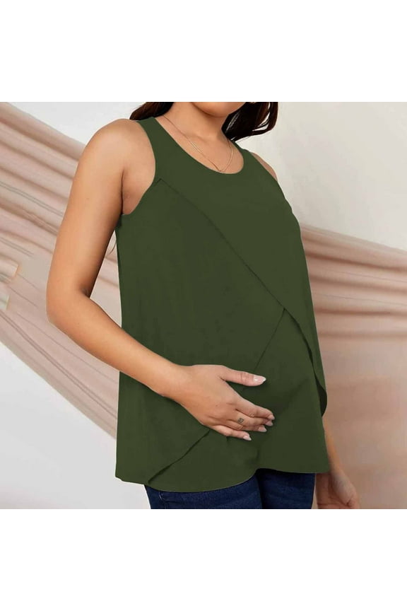 Pregnant Womens Nursing Solid Color Round Neck Sleeveless Round Neck Breastfeeding Blouse, Maternity Tank Tops( Army Green, S )
