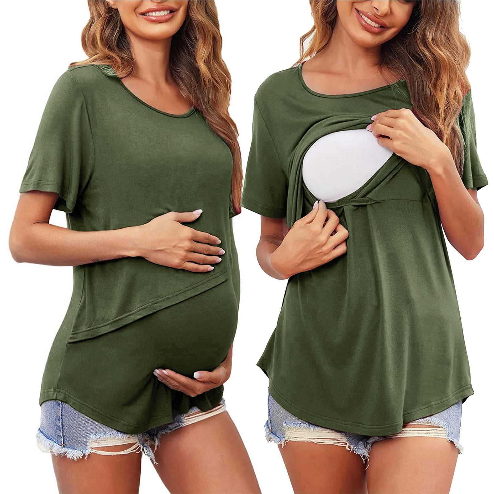 Shldybc Pregnant Womens Nursing Tops Solid Color Round Neck Short Sleeve Round Neck Breastfeeding Blouse Summer Savings Clearance