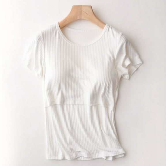 Shldybc Round-Neck Solid Color Short Sleeve Breast Feeding Pregnant Nursing Women Blouse Tops T-Shirt, Maternity Summer Clothes