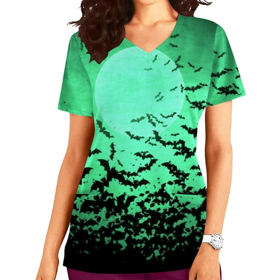 Shldybc Scrubs for Women Halloween Tops Skeleton Pumpkin Tops Blouse Ghost Print Uniforms & Scrubs for Women Nurse Stretchy Workwear Holiday Casual Tees Blouse Scrubs Tops with Pockets-Green