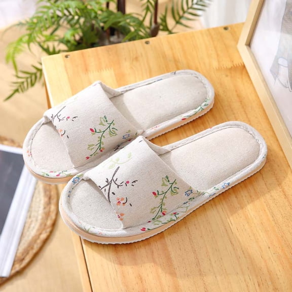 kladzum Summer House Slippers for Women Open Toe Women's Slippers Round Head Printing Cotton and Linen Slippers Breathable Indoor, Linen Slippers