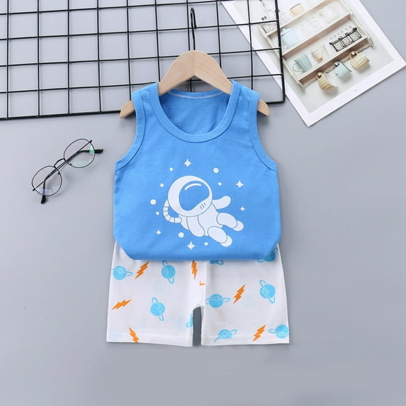 FAMTKT Toddler Baby Boy Clothes Summer Sleeveless Vest Shorts Tops+Pants 2PCS Cartoon Print Casual Suit