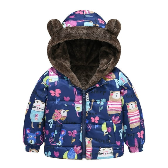 Shldybc Toddler Baby Boys Girls Hooded Jackets Flower Print Plush Coat Cute Winter Warm Zip Up Fleece Lined Coat Clothes Outerwear Outfit( Dark Blue, 2-3 Years )