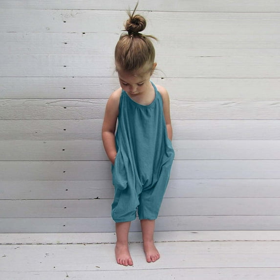 Shldybc Toddler Baby Girl Jumpsuit One Piece Solid-color Sleeveless Strap Romper Harem Pant with Pockets Summer Outfit Clothes, Summer Savings Clearance