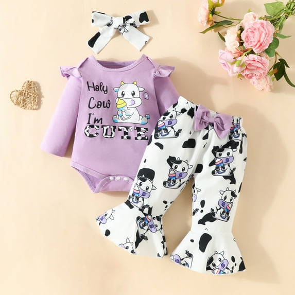 FAMTKT Toddler Baby Girl Long Sleeve Romper Pullover Tops+Flared Legging Pants+Hairband 3pcs Clothes Set