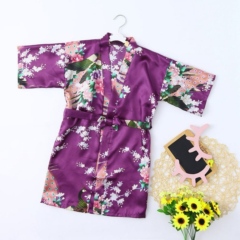 Shldybc Toddler Baby Kids Girls Flower Print Silk Satin Kimono