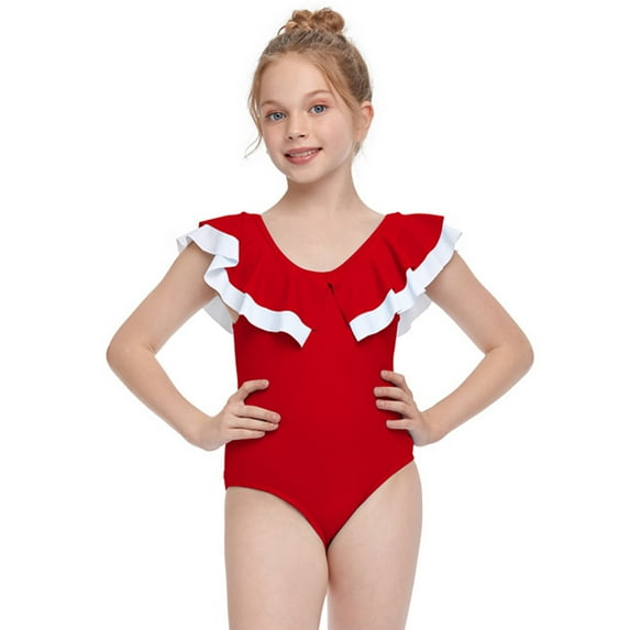 Shldybc Toddler Baby Kids Girls Ruffles Solid One-Piece Swimsuit Bathing Beach Swimwear