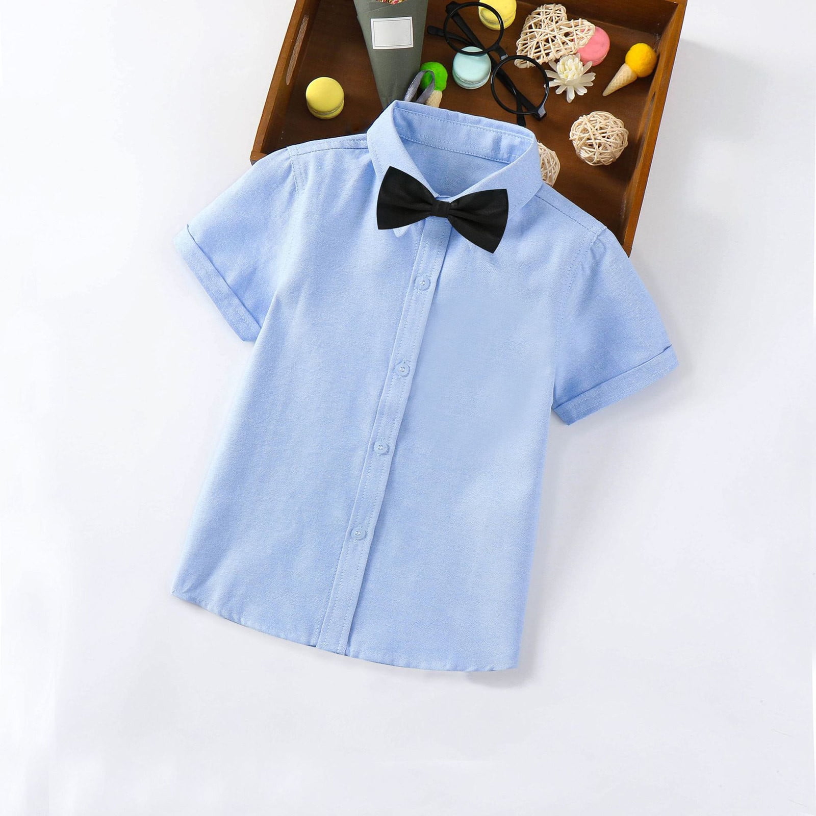 Shldybc Toddler Boys Button Down Short Sleeve Dress Shirt with Bow Tie
