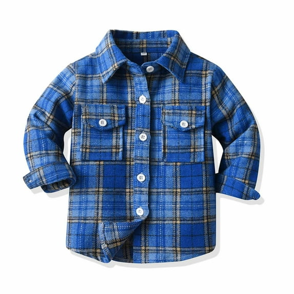 Shldybc Toddler Boys Girls Flannel Shirt Jacket Plaid Jacket Long Sleeve Lapel Button Down Shacket Fall Shirt Coat Outwear( Blue, 5-6 Years )