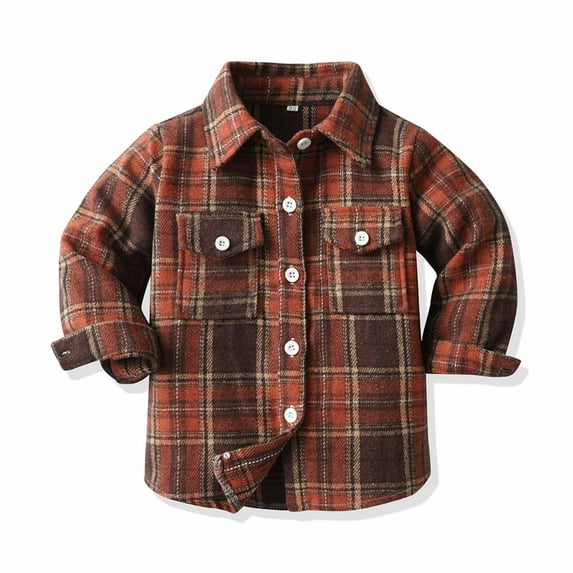 Shldybc Toddler Boys Girls Flannel Shirt Jacket Plaid Jacket Long Sleeve Lapel Button Down Shacket Fall Shirt Coat Outwear( Brown, 5-6 Years )