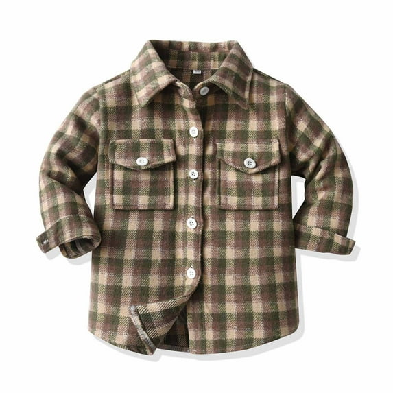 Shldybc Toddler Boys Girls Flannel Shirt Jacket Plaid Jacket Long Sleeve Lapel Button Down Shacket Fall Shirt Coat Outwear( Khaki, 3-4 Years )