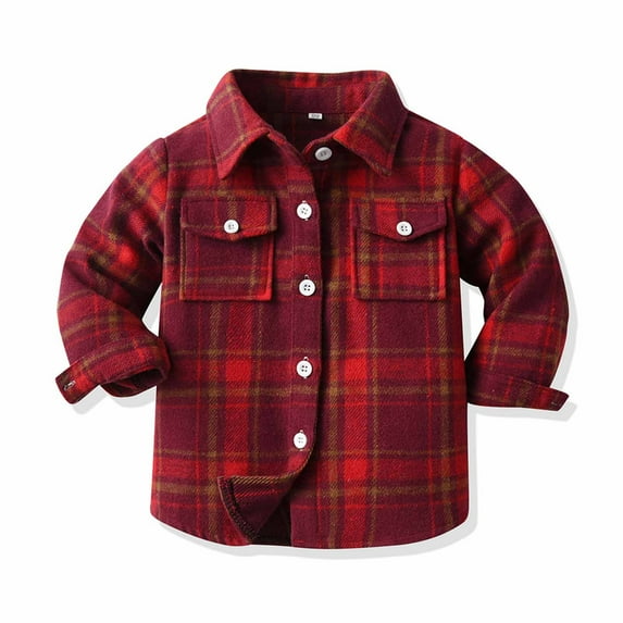 Shldybc Toddler Boys Girls Flannel Shirt Jacket Plaid Jacket Long Sleeve Lapel Button Down Shacket Fall Shirt Coat Outwear( Red, 3-4 Years )
