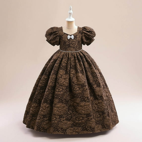 Shldybc Toddler Girls Tulle Princess Party Dresses Baby Elegant Puff Sleeve Flower Bow Ruffles Birthday Party Gown Long Dresses