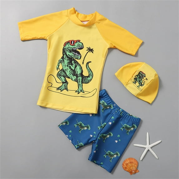 Shldybc Toddler Kids Baby Boys Fashion Cute Dinosaur Print Swimming Trunks Swimming Cap Swimsuit Set, Summer Savings Clearance