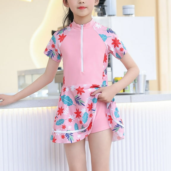 FAMTKT Toddler Kids Baby Girls One-Piece Swimsuit Cute Flowers Leaf Print Swimming Trunks Skirts Bathing Suit Zipper Neckline Short Sleeve Beachwear