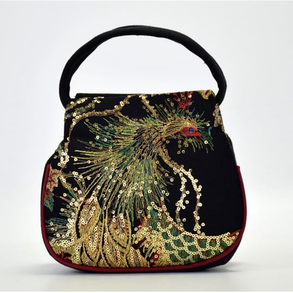 FAMTKT Tote Bag for Women, New Wind Embroidered Bag Canvas Peacock Embroidery Middle-Aged Shoulder Portable Package