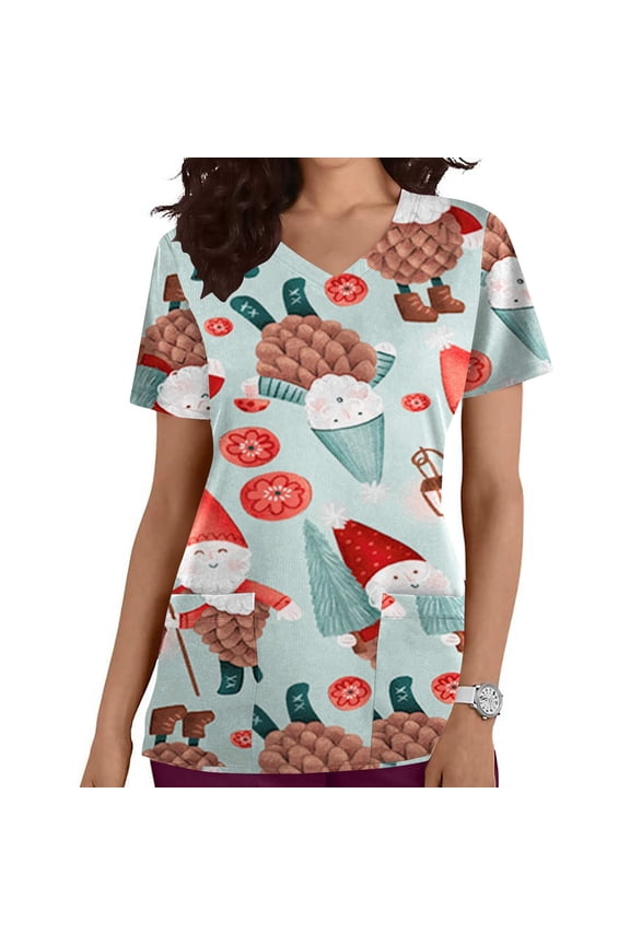 White Women's Christmas Scrubs Tops Costume V-Neck Short Sleeve Nursing Uniform Xmas Tree Printed Workwear Holiday Casual Tees Blouse Scrubs Tops with Pockets-White - Fall/Winter Clearance