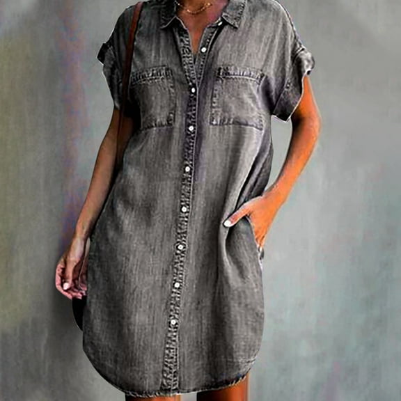 Shldybc Women Denim Shirt Dresses Knee Length Short Sleeve Jean Dress Button Down Summer Casual Tunic Midi Dress with Pockets