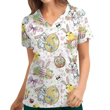 Shldybc Women Easter Nursing Scrub Tops Egg Bunny Print Working Uniform Short Sleeve V Neck Workwear Blouse T-shirt with Pockets