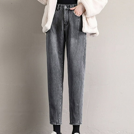 FAMTKT Women High Waisted Wide Legs Denim Pants Straight Pants Casual Loose Plush and Thick Trousers Streetwear