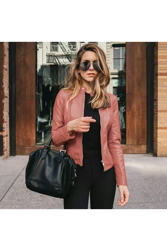 Women Leather Jackets Faux Motorcycle Plus Size Moto Biker Coat Short Lightweight Vegan Pleather Fashion Spring Fall Coat Jackets-Pinks - Fall/Winter Clearance