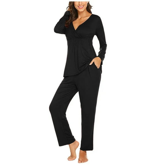 FAMTKT Women Maternity Nursing Pajama Sets Pregnant Lounge Sleepwear Breastfeeding PJs Set Casual Long Sleeve Shirt with Long Pants