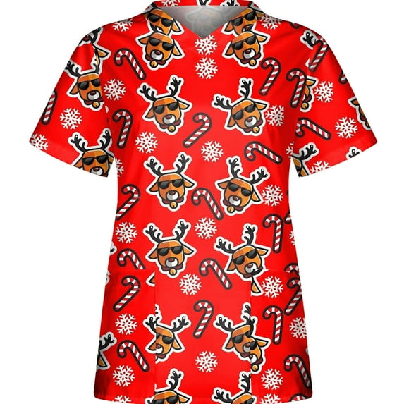 Shldybc Women Scrub Tops Mock Wrap Top Holiday Christmas Print Neck Shirt, Snowman Short Sleeve V Neck Nursing Workwear Tunic Working Uniform Blouse with Pockets-Red - Fall/Winter Savings Clearance