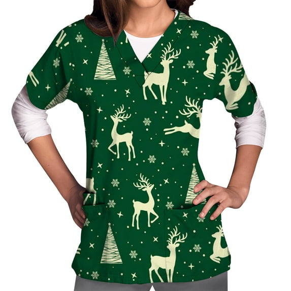 Shldybc Women Scrub Tops Mock Wrap Top Holiday Christmas Print Neck Shirt, Snowman Short Sleeve V Neck Nursing Workwear Tunic Working Uniform Blouse with Pockets-Green - Fall/Winter Savings Clearance