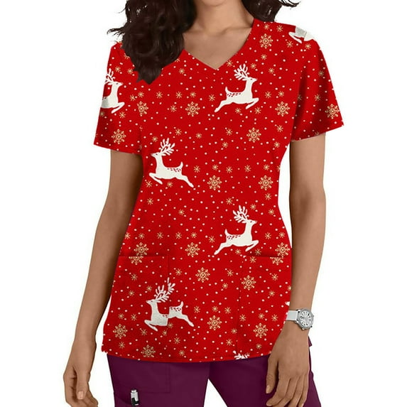 Shldybc Women Scrub Tops Mock Wrap Top Holiday Christmas Print Neck Shirt, Snowman Short Sleeve V Neck Nursing Workwear Tunic Working Uniform Blouse with Pockets-Red - Fall/Winter Savings Clearance