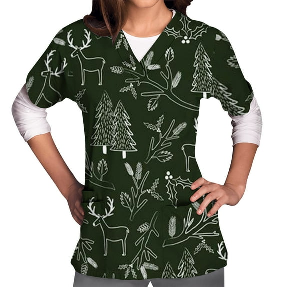 Shldybc Women Scrub Tops Mock Wrap Top Holiday Christmas Print Neck Shirt, Snowman Short Sleeve V Neck Nursing Workwear Tunic Working Uniform Blouse with Pockets-Green - Fall/Winter Savings Clearance