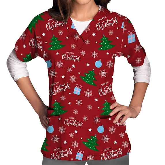 Shldybc Women Scrub Tops Mock Wrap Top Holiday Christmas Print Neck Shirt, Snowman Short Sleeve V Neck Nursing Workwear Tunic Working Uniform Blouse with Pockets-Wine - Fall/Winter Savings Clearance