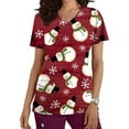 thumbnail image 1 of Shldybc Women Scrub Tops Mock Wrap Top Holiday Christmas Print Neck Shirt, Snowman Short Sleeve V Neck Nursing Workwear Tunic Working Uniform Blouse with Pockets-Wine - Fall/Winter Savings Clearance, 1 of 1