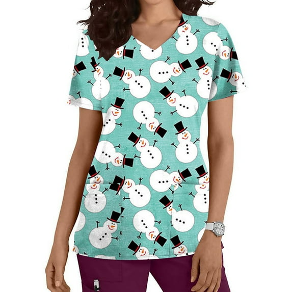 Shldybc Women Scrub Tops Mock Wrap Top Holiday Christmas Print Neck Shirt, Snowman Short Sleeve V Neck Nursing Workwear Tunic Working Uniform Blouse with Pockets-Light Blue - Fall/Winter Clearance