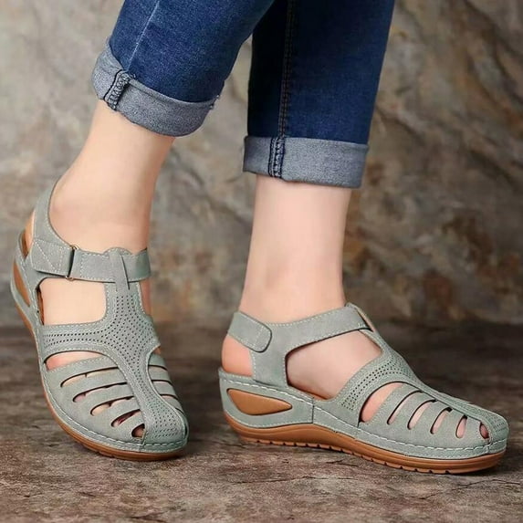 Up to 50% off Shldybc Women Summer Sandals Beach Wedge Sandals, Bohemia Ankle Strap Causal Outdoor Shoes, Soft Imitation Leather Closed Toe Vintage Anti-Slip Sandals for Women High-Quality