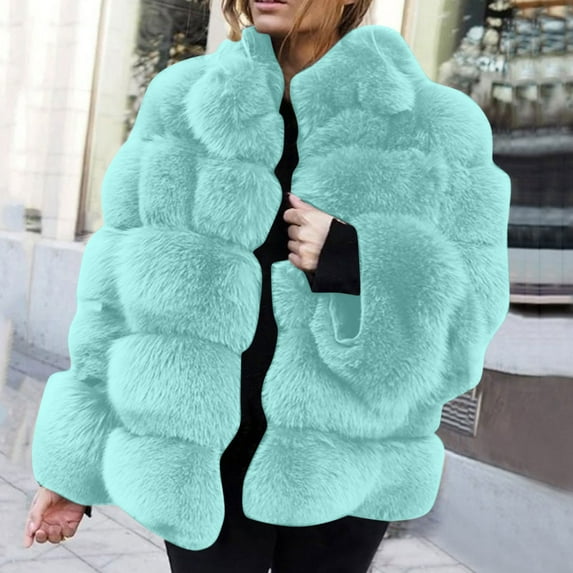 Shldybc Women Winter Coat Jacket Luxury Faux Furs Coat Slim Long Sleeve Collar Coat Faux Furs Coat Overcoat-Blue - Fall/Winter Clearance