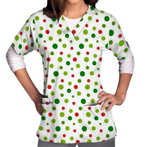Shldybc Women's Christmas Scrubs Tops Costume V-Neck Short Sleeve Nursing Uniform Xmas Tree Printed Workwear Holiday Casual Graphic Tees Blouse Scrubs Tops with Pockets-Green - Fall/Winter Clearance