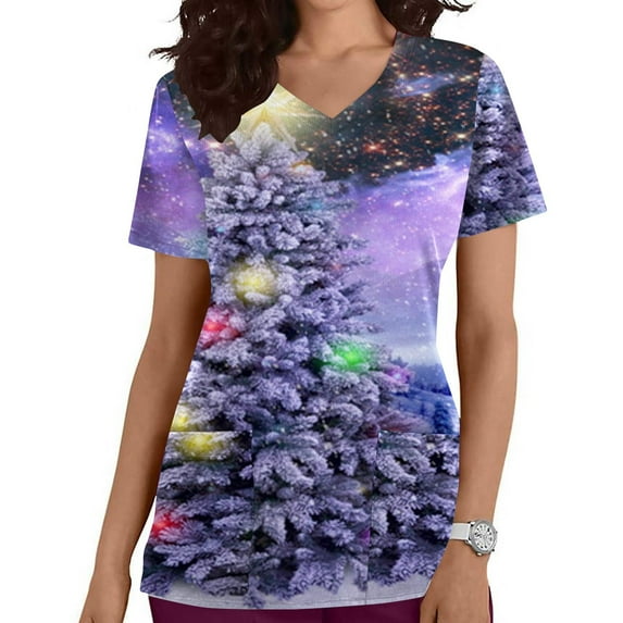Shldybc Women's Christmas Scrubs Tops Costume V-Neck Short Sleeve Nursing Uniform Xmas Tree Printed Workwear Holiday Casual Tees Blouse Scrubs Tops with Pockets-Dark Blue - Fall/Winter Clearance