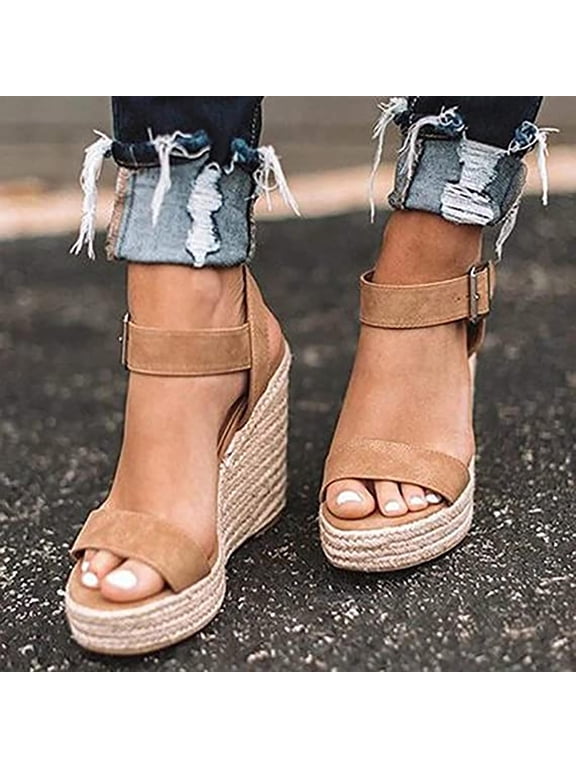 Women's Classic Summer Platforms Dress Sandals Wedge Ankle Strap Round Open Toe Sandals, Comfy Sloping High Heels for Women Casual Beach