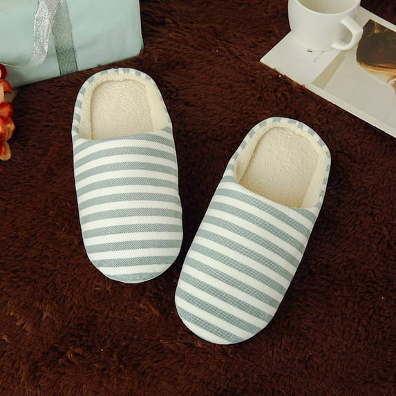 Antqov Women's Cotton Slippers, Women Men Warm Striped Slipper Indoors Anti-Slip Winter House Shoes, Warm Soft-Soled Slippers