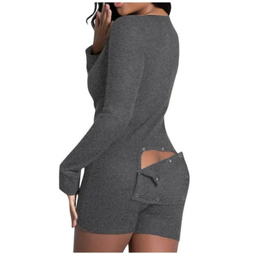 Shldybc Women's Deep V Neck Butt Button Back Flap Pajama Onesie Shorts Long Sleeve Ones Piece Bodysuit Bodycon Rompers - Fall/Winter Clearance