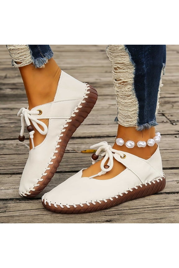 Shldybc Women's Flat Shoes Round Head Lace-up Single Shoes Soft-soled Hand-stitched Breathable Work Shoes Casual Walking Shoes on Clearance