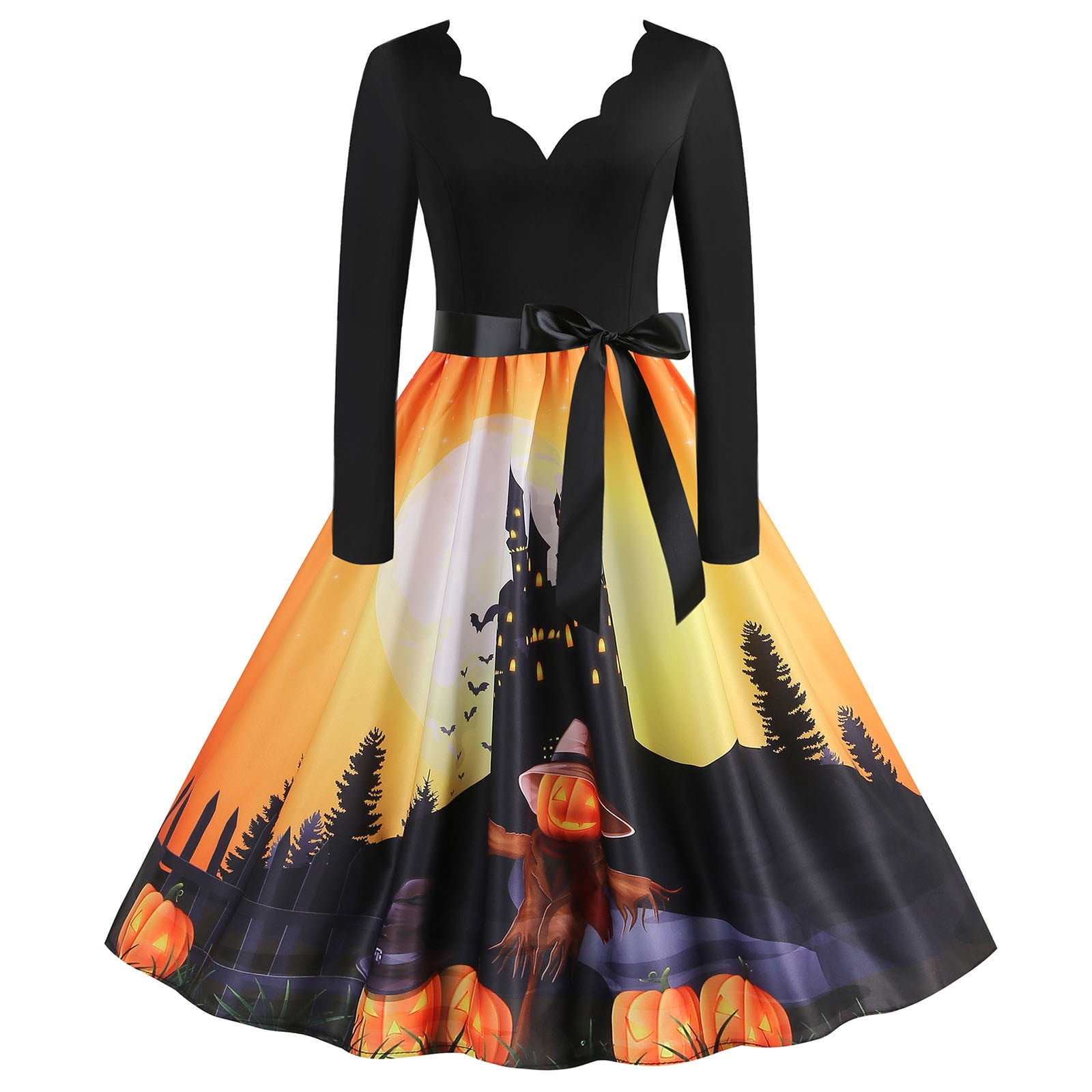 Women's Vintage Halloween Evening Dress - Long Sleeve A-Line Flare Dress  With Belt, Gothic Printed Prom Gown Maternity Skeleton Dress