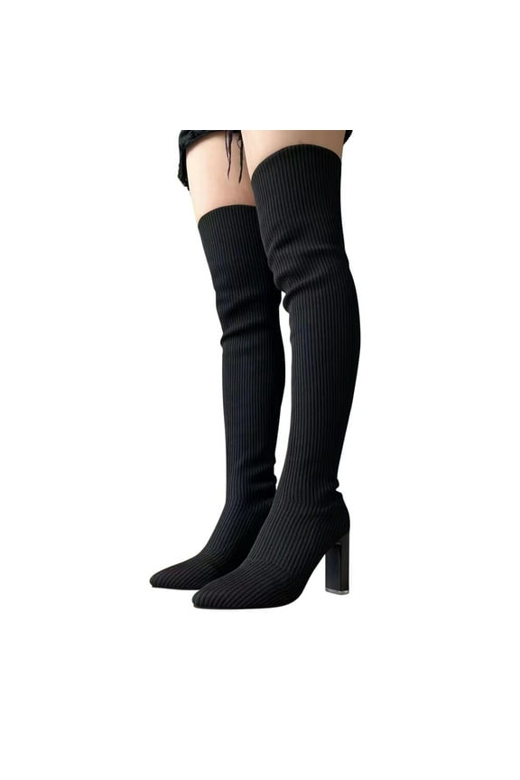 FAMTKT Women's Knee High Boots Long Sexy Pointed Toe High Heels Fashion Party Dressy Heels Boots Elastic Slimming Boots, Womens Boots