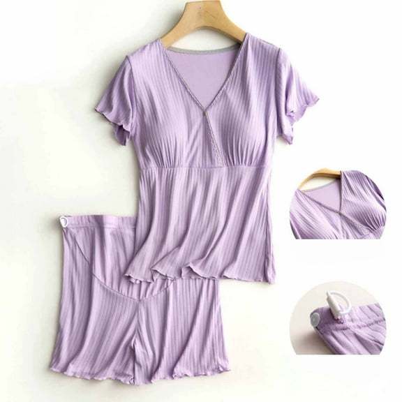 FAMTKT Women's Maternity Nursing Pajamas for Hospital Short Sleeve Baseball Pregnancy Breastfeeding Sleepwear Set, Maternity Pajamas & Loungewear( XL, Purple )