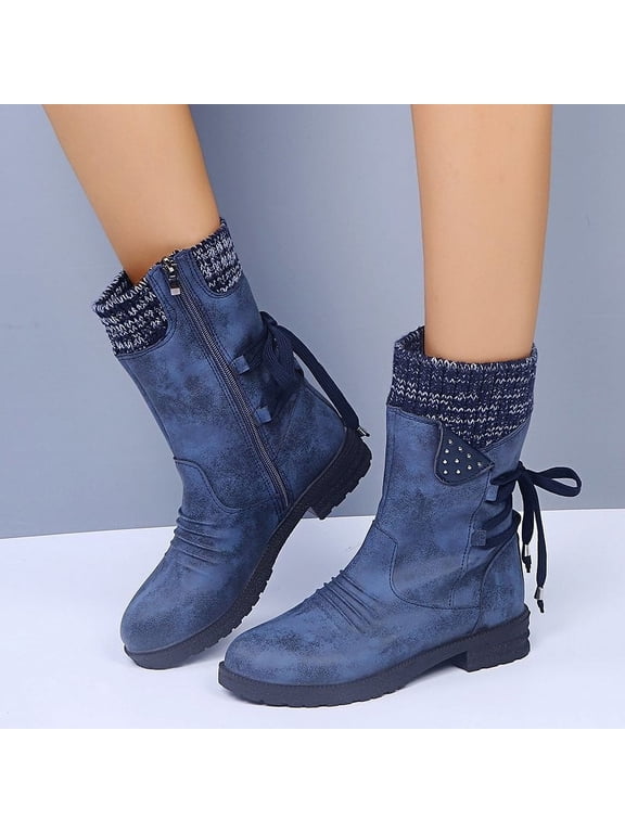 FAMTKT Women's Mid-Calf Winter Snow Boots New Woolen Yarn Snow Back Strap Plus Size Shoes Outdoor Walking Boots