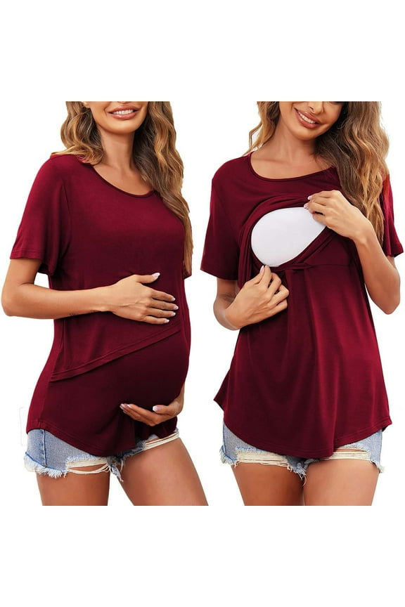 FAMTKT Women's Nursing Tops Short Sleeve Round-Neck Breastfeeding Maternity Tops Casual Clothes